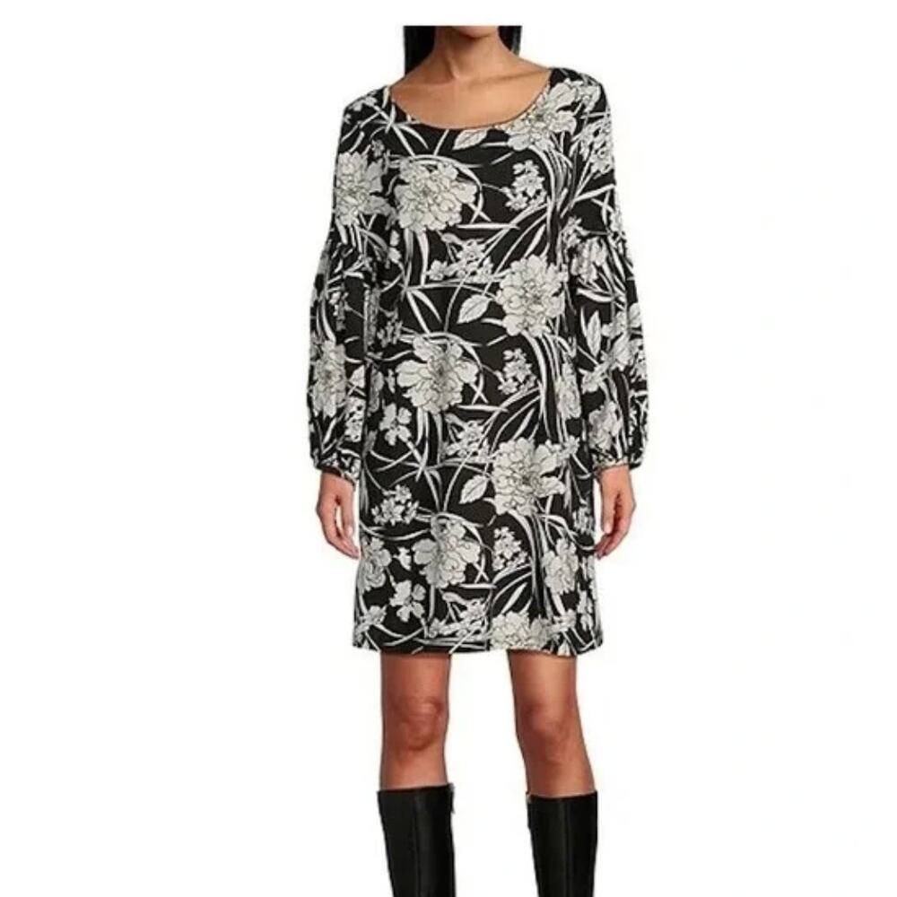 bryn Walker Black and White Floral Long Sleeve Dress